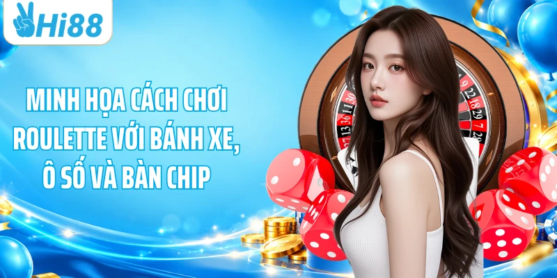 Minh họa cách chơi Roulette với bánh xe, ô số và bàn chip